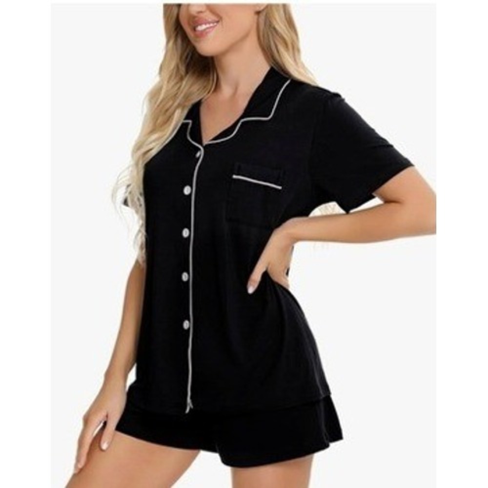 Women's Pajamas Set Short Sleeve Button Down Lounge PJs  Silk Black SMALL New